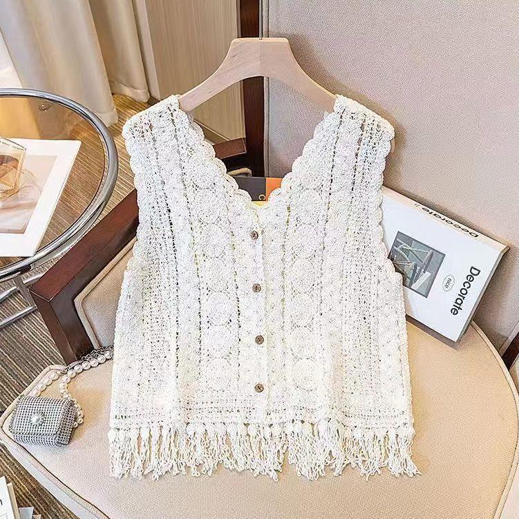 Diseño de nicho francés hueco gancho chaleco de punto chaleco de vestir suelto con bordas sin mangas chaqueta