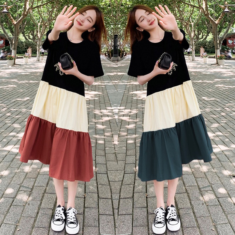 Korean style T-shirt dress stitching contrast color female student loose plus size fashionable western style mid-length over-the-knee skirt summer