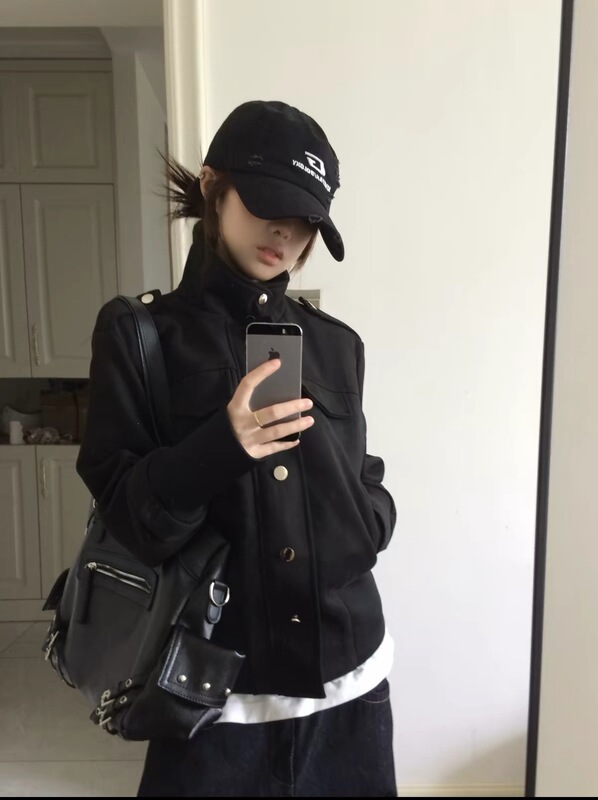 Black stand-up collar suede jacket for women, autumn new Korean style, slimming waist, casual and versatile short biker jacket