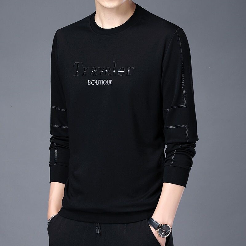Spring and autumn new long-sleeved T-shirt, men's round-neck sweatshirt with embroidery, casual base layer, stylish inner shirt for middle-aged men