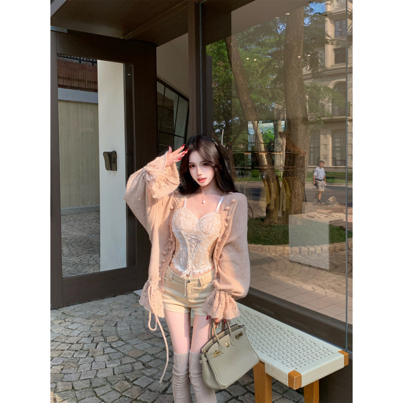 慵懒长袖针织毛衣外套蕾丝吊带背心包臀短裤三件套套装女|undefined