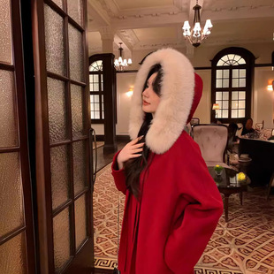 Little Witch 2025 Autumn and Winter New Hooded Fox Fur Double-Sided Cashmere Coat Women's Mid-Length Woolen Fur Jacket