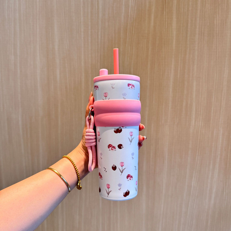 世大家同款 保温杯女生大容量车载新款吸管水杯办公室咖啡保冰杯|undefined