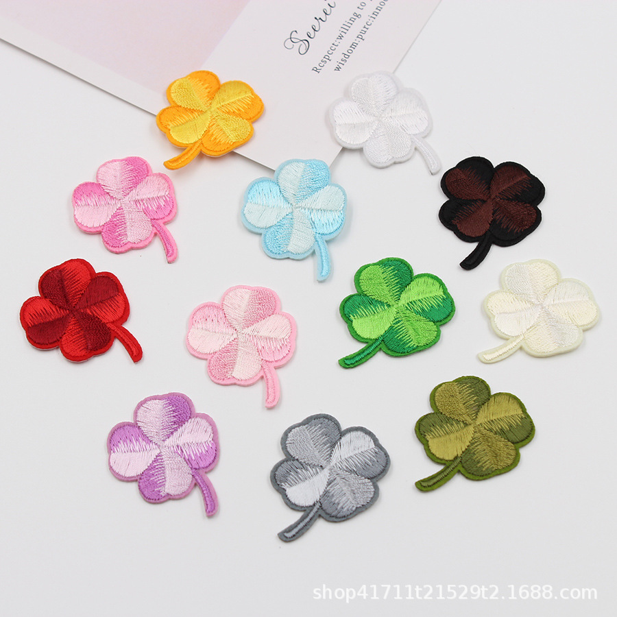 厂家多色绣花四叶草DIY刺绣布贴补丁套装衣服包包帽子鞋装饰贴花