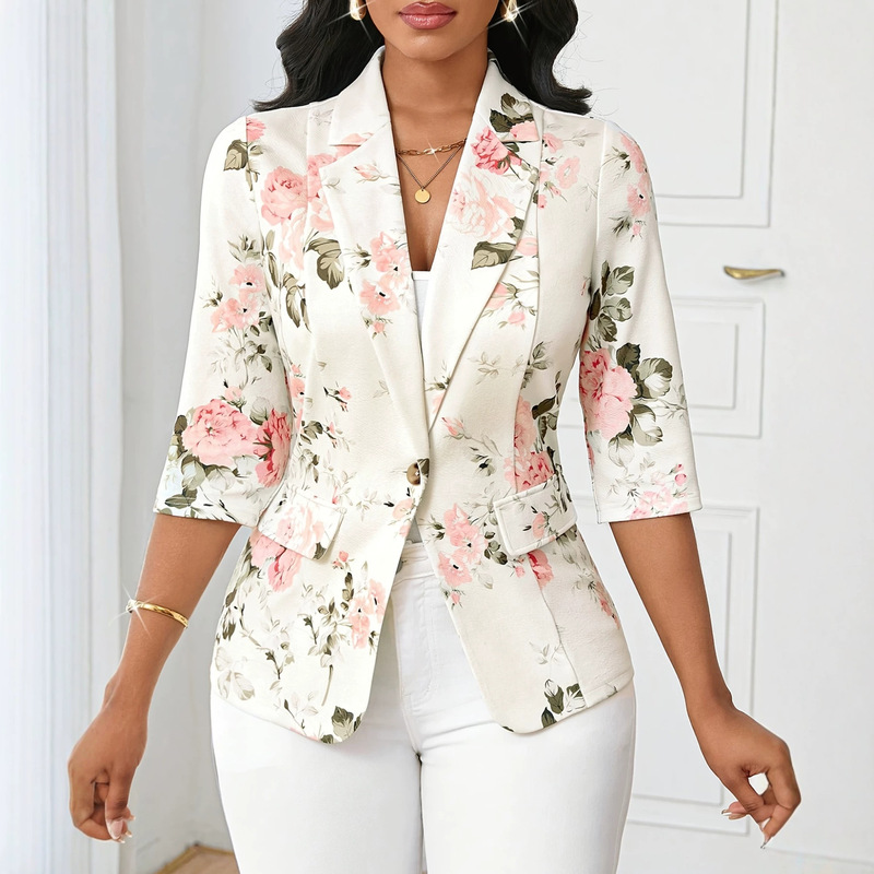 Cross-Border Women's Fashion White Floral Print Three-Quarter Sleeve Blazer with Lapel Single Button Slim Fit Floral Fashion Small Suit Cross-Border Women's Fashion White Floral Print Three-Quarter Sleeve Blazer with Lapel Single Button Slim Fit Floral Fashion Small Suit