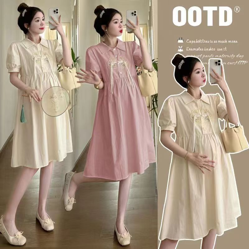 Maternity Dress Short-Sleeved Thin Polo Collar Mid-Length Chinese Style Embroidered 2026 New Summer Shirt Dress
