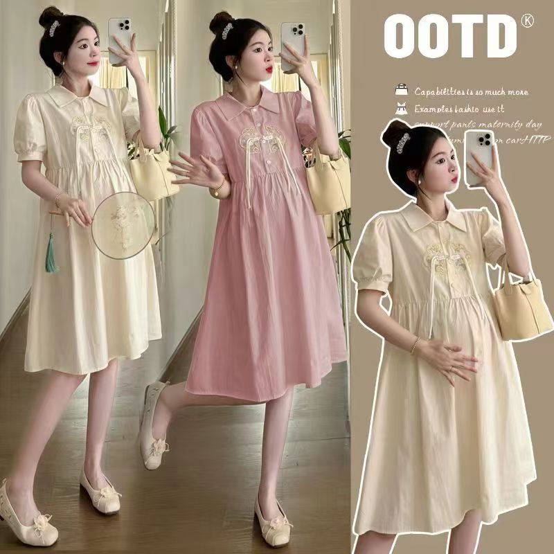 Maternity Dress Short-Sleeved Thin Polo Collar Mid-Length Chinese Style Embroidered 2026 New Summer Shirt Dress