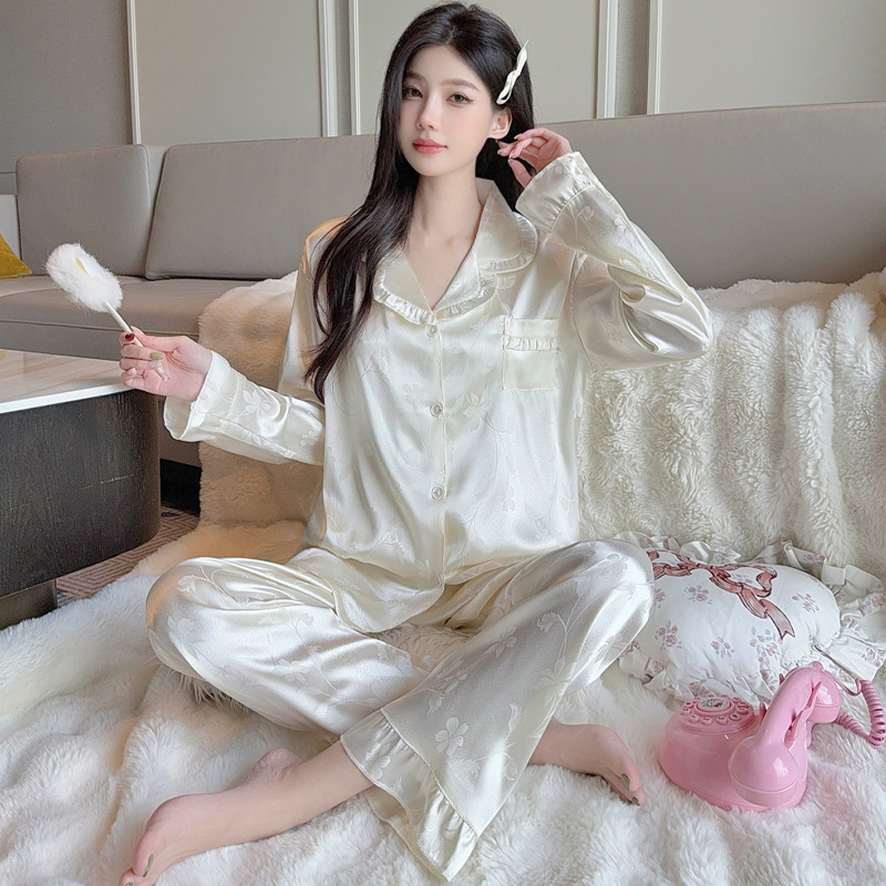 奢华高贵女士睡衣春秋新款丝绸长袖高级花卉冰丝家居服两件套批发|undefined