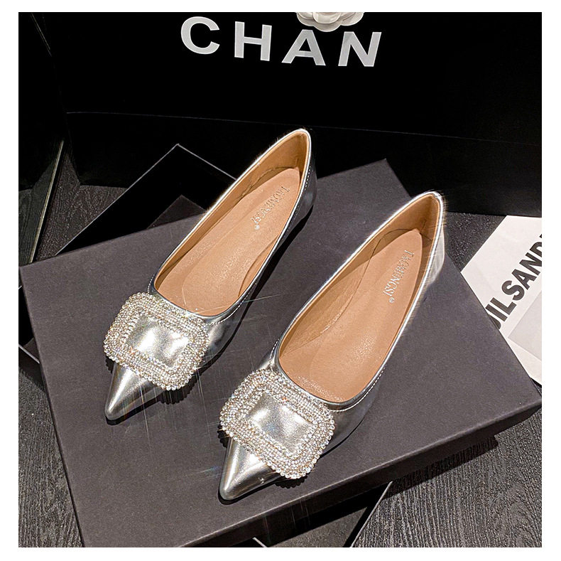 Giày búp bê nữ mũi nhọn đính đá lấp lánh gót thấp 1–3 cm — Màu bạc, Màu mơ, Màu đen chi tiết 39