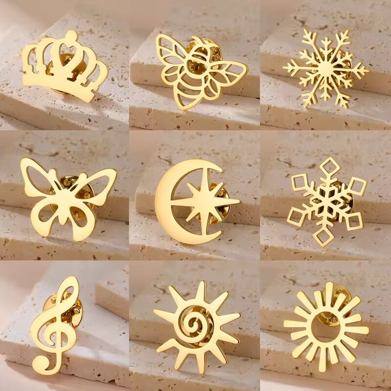 Stainless Steel Gold Color Women Girl Brooches Crown Bee Butterfly Snowflake Music Symbol Badge Lapel Pins Accessories Stainless Steel Gold Color Women Girl Brooches Crown Bee Butterfly Snowflake Music Symbol Badge Lapel Pins Accessories