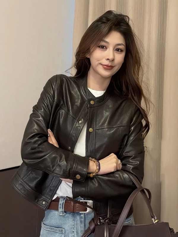 海宁2025秋季新款真皮皮衣女短款高级感圆领绵羊皮夹克植鞣皮外套|undefined