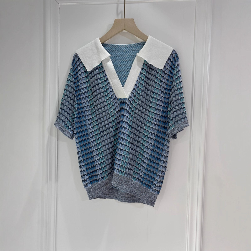 Hanyuan Apparel / Liu Wen's Same Style Yarn Top! V-Neck Short-Sleeve Retro Navy Collar Knit Top for Women in Summer
