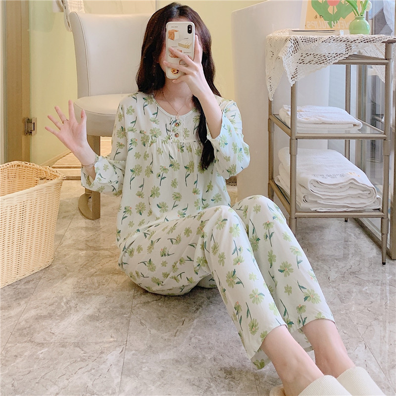 Thin pajamas women's long-sleeved cotton silk suit Korean style artificial cotton loose home wear cute Spring and Autumn plus size