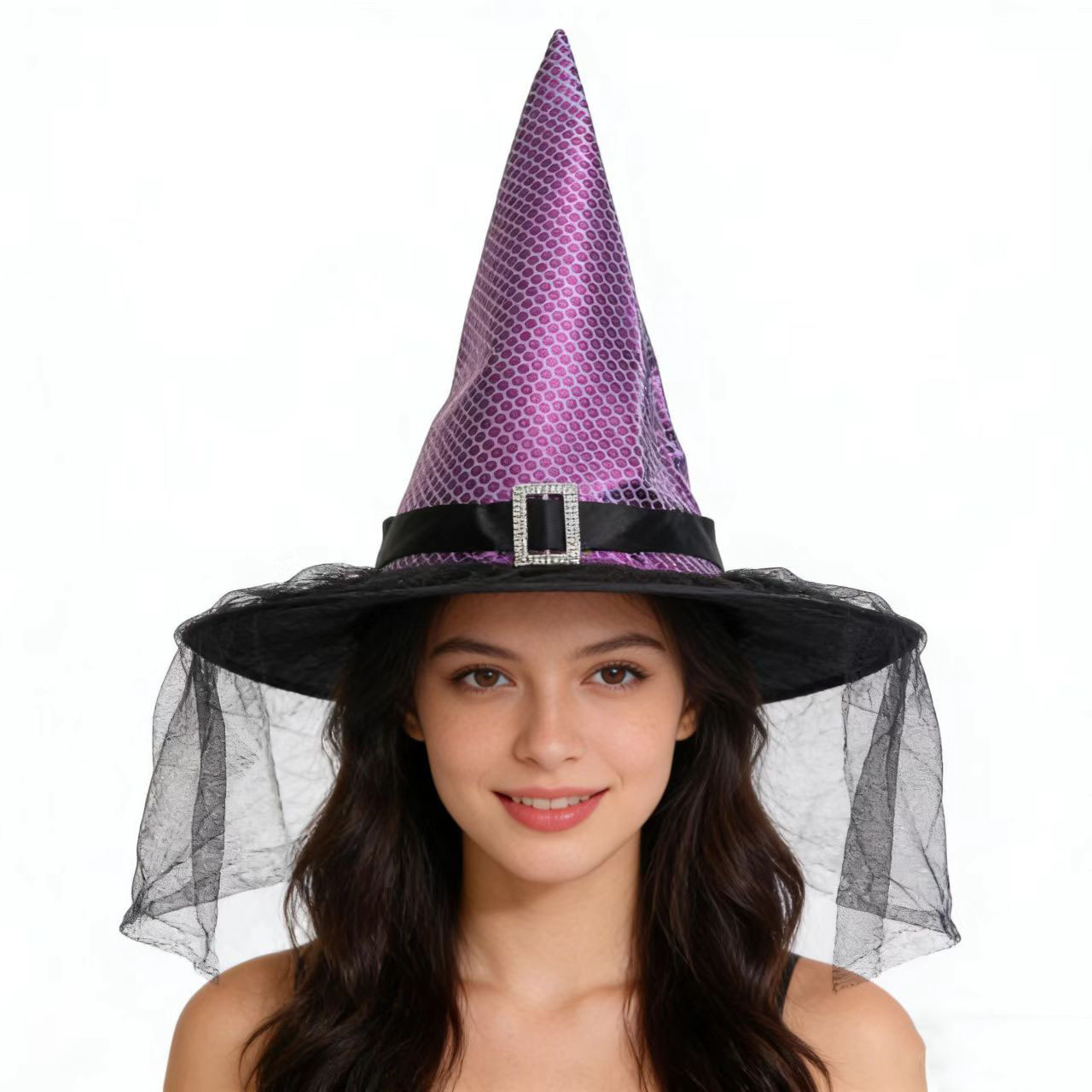 Sombrero de bruja de Halloween negro oxford brace mesh hilo botón de plata sombrero de bruja cosplay sombrero de bruja tocado