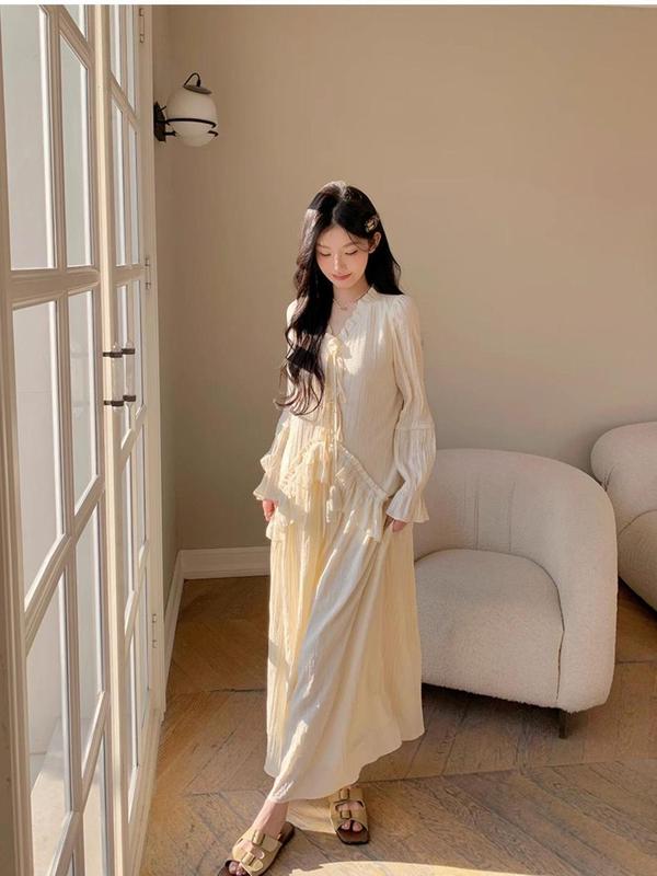 大码法式花朵气质连衣裙系带仙女设计长袖小众拼接长裙|undefined