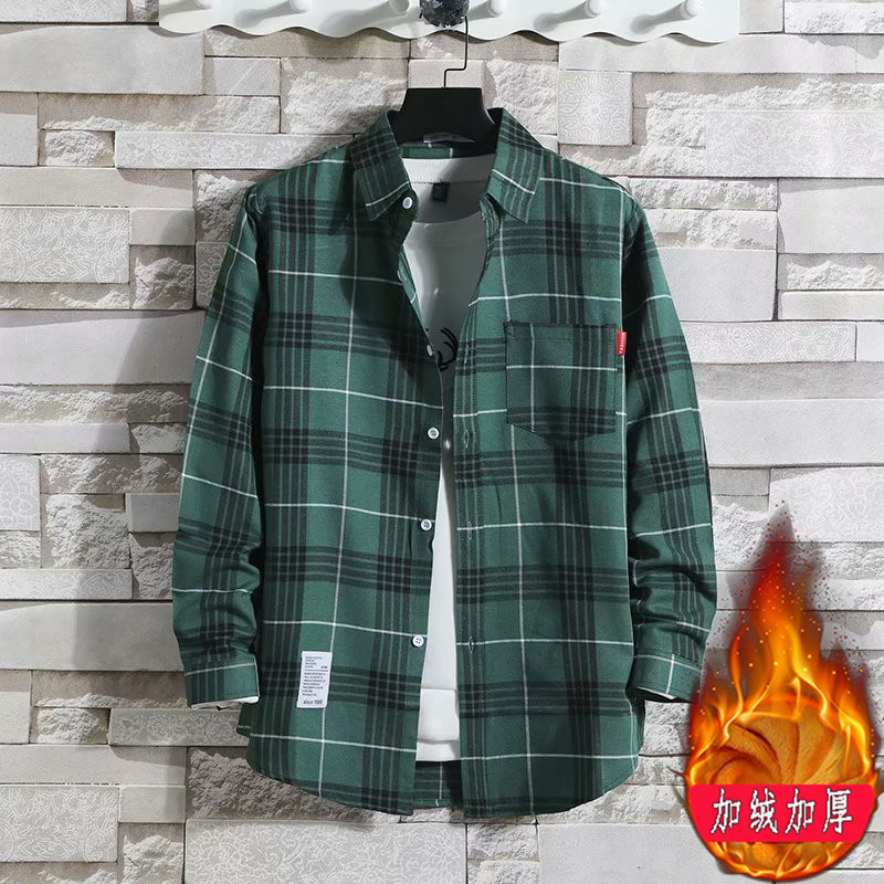 Plaid Shirt Men's Winter New Long-sleeved fleece-lined Thickened Loose Warm Korean Style Jacket Fashionable Shirt for Youth