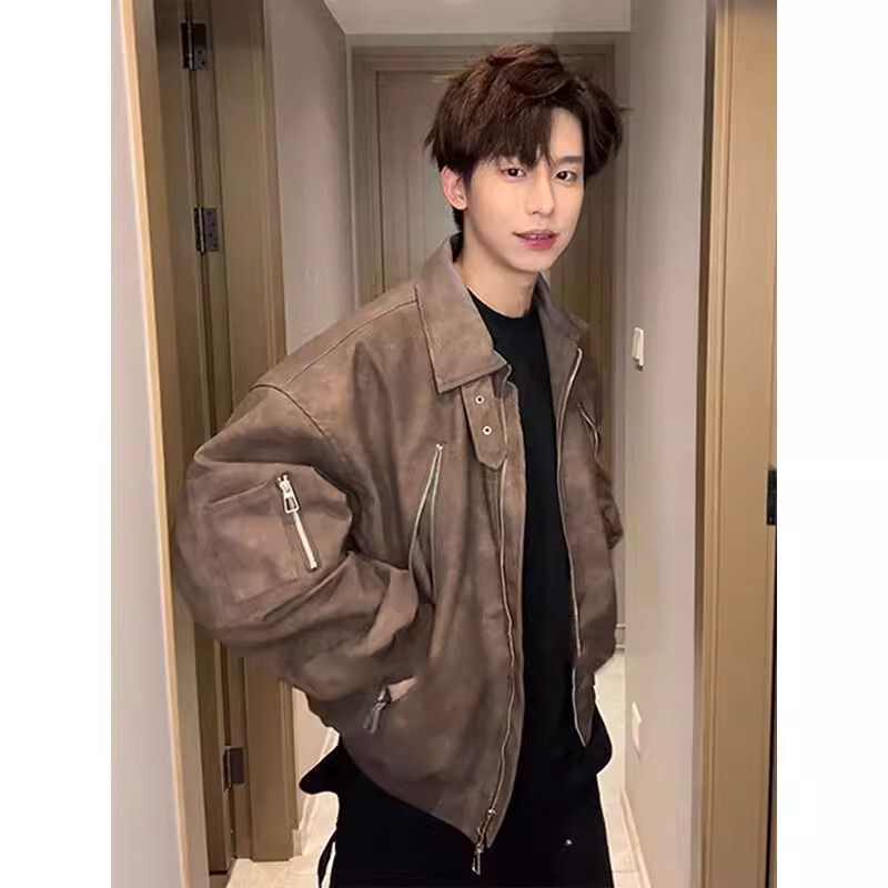 Maillard Brown Pu Leather Motorcycle Jacket Men's Spring and Autumn American Vintage Flight Worker Jacket Top