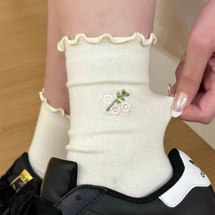 White Socks Women's Summer Thin Mid-length Socks Cute Japanese JK Lace Socks Roll-up Moonchild Stacking Socks Women's Summer