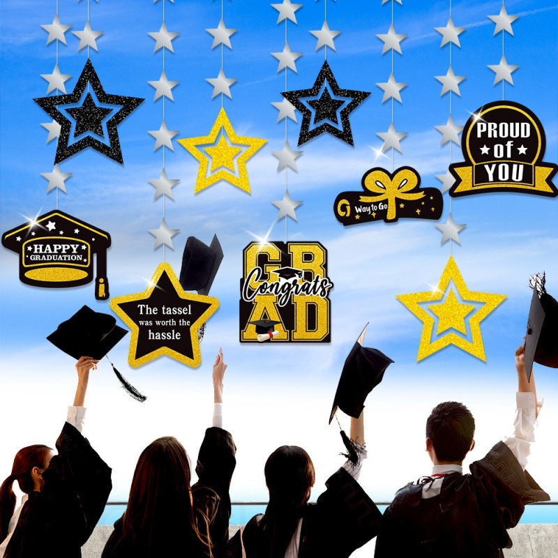 Temporada de graduación universitaria europea y americana decoración colgante ceremonia de graduación sombrero de bachillerato estrellas fondo decoración costura diseño de sitio