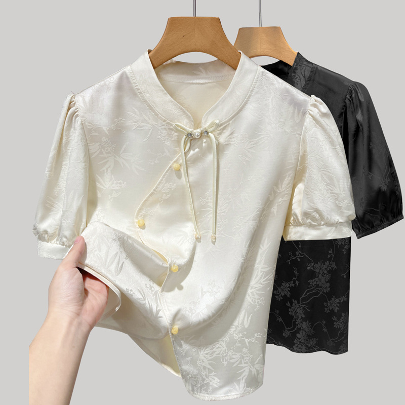 Camisas de manga corta de satén para mujeres verano 2024 nuevo estilo de estilo nacional temperamento de mujer alta sensación de nuevo estilo chino collar top