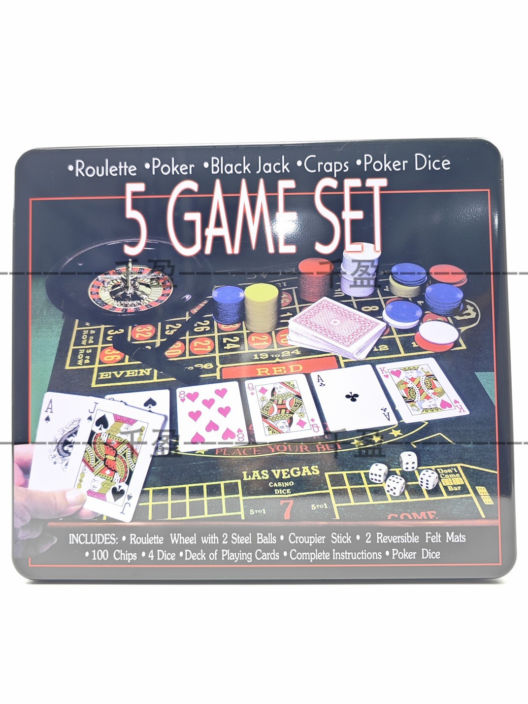 5 - en - 1 caja de hojalata chips set chips ruleta poker 100 chips 4 dados 2 manteles de mesa