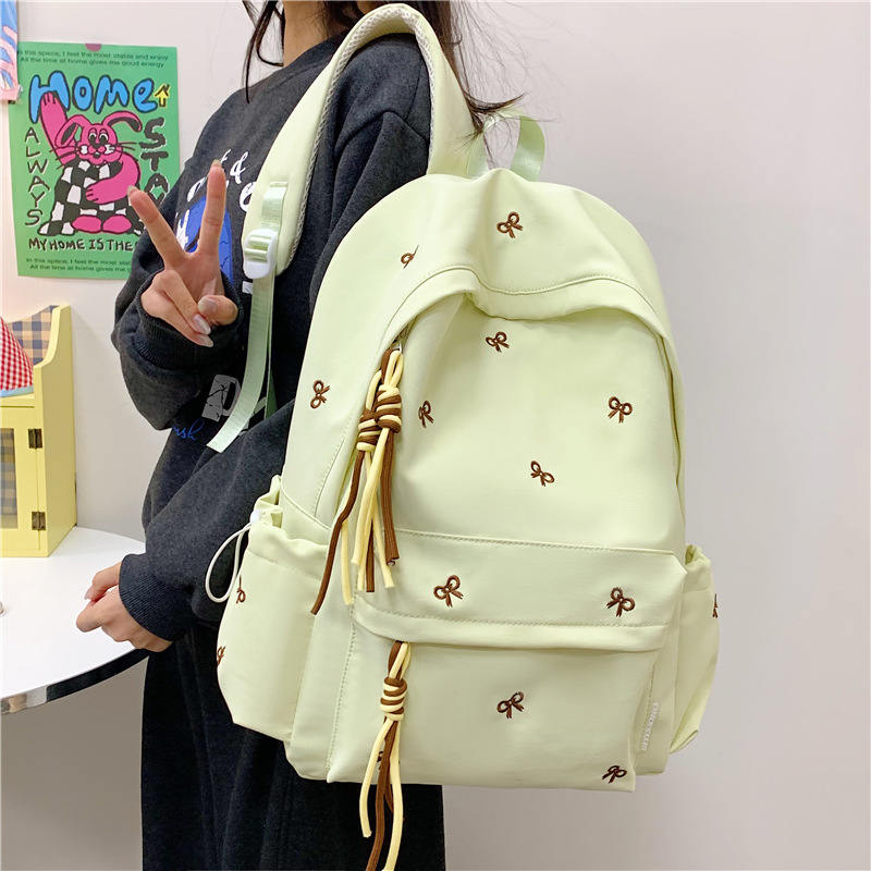 School Bag for Girls, Simple and Versatile Backpack for College and Middle School Students, Cute Embroidered Bow, High-Value Backpack