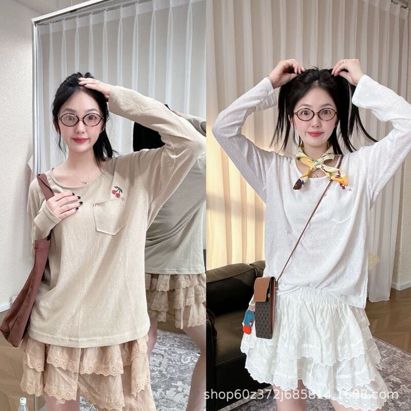 2025 Spring and Summer New Niche Designer Brand Cherry Embroidery Pocket Long Sleeve T-Shirt Women's Sun Protection Clothing