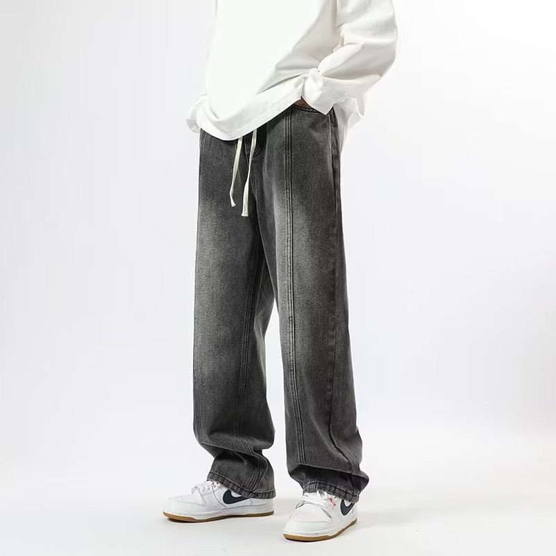Pantalones vaqueros degradados de la marca de moda de los hombres ins pantalones casuales de la calle alta pantalones de trapeador de pierna ancha rectos sueltos con cordón de vaca