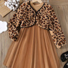 外贸秋冬款女童外套豹纹加绒加厚上衣外衣新款时尚气质连衣裙套装