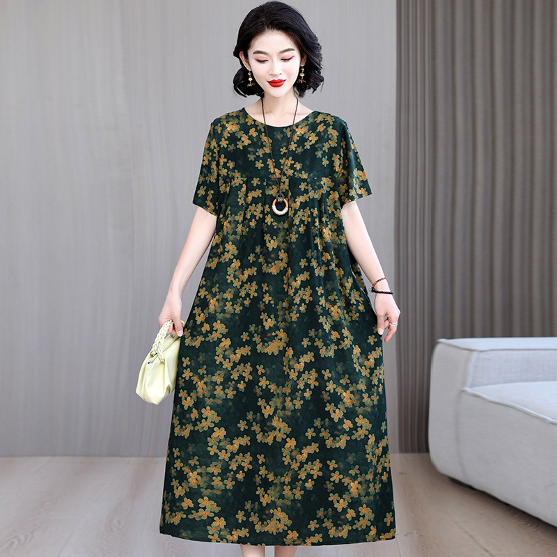 New Artistic Retro Fashion Floral Cotton Silk Skirt Mother's Skirt Summer Dress Long Short-sleeved Printed plus size dress