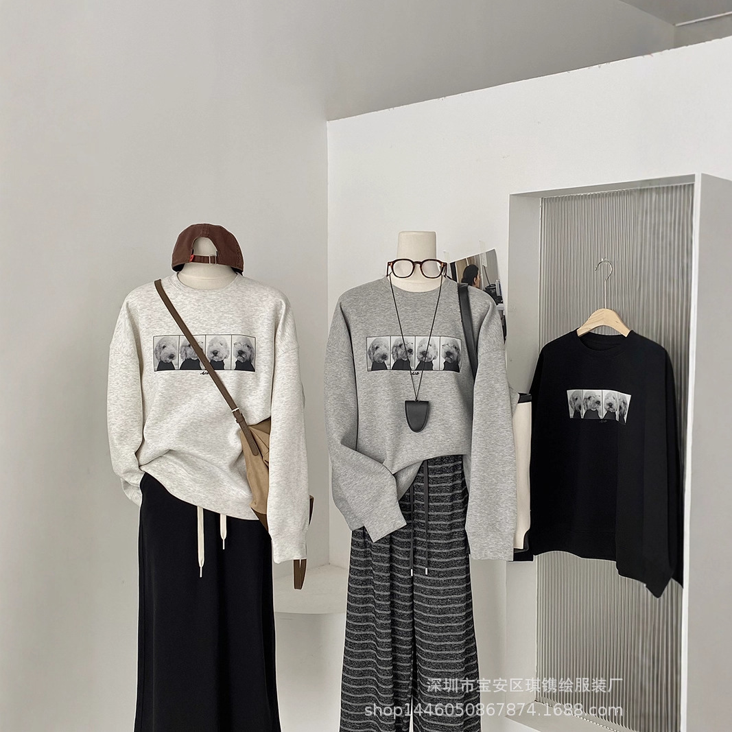 琪镌绘制韩国东大门秋季款时尚百搭女四联狗头韩系空气层卫衣2385