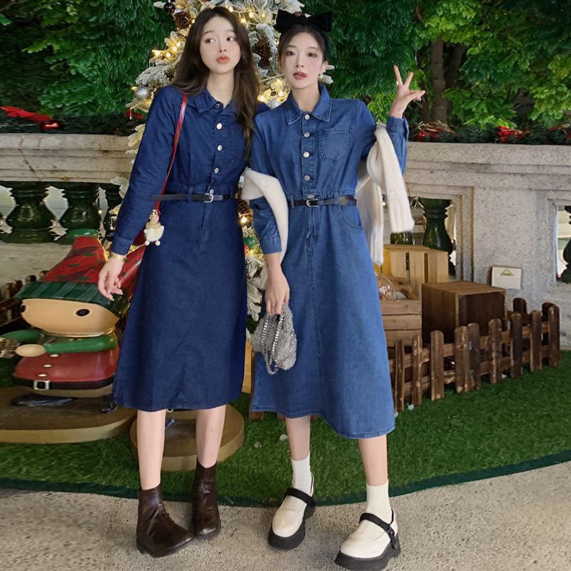 减龄气质中长款复古牛仔连衣裙女秋冬大码胖mm茶歇收腰显瘦背带裙|undefined