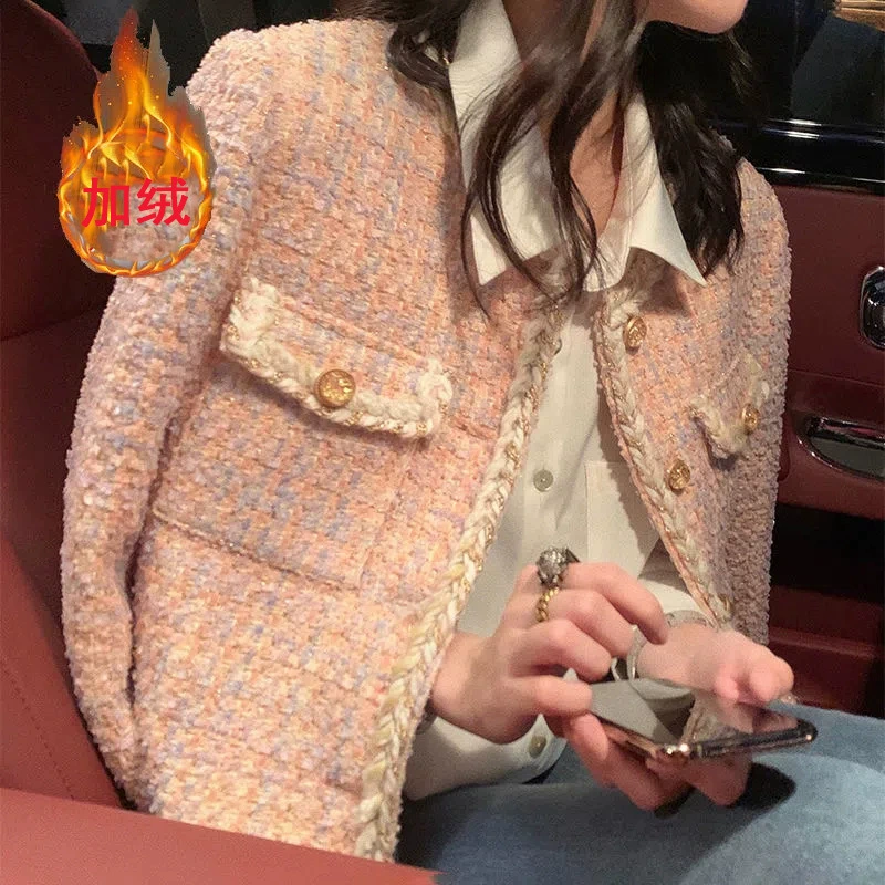 Флис тёплый ретро демисезонная короткая куртка, стиль Chanel, корейский стиль, свободный покрой, западный стиль
