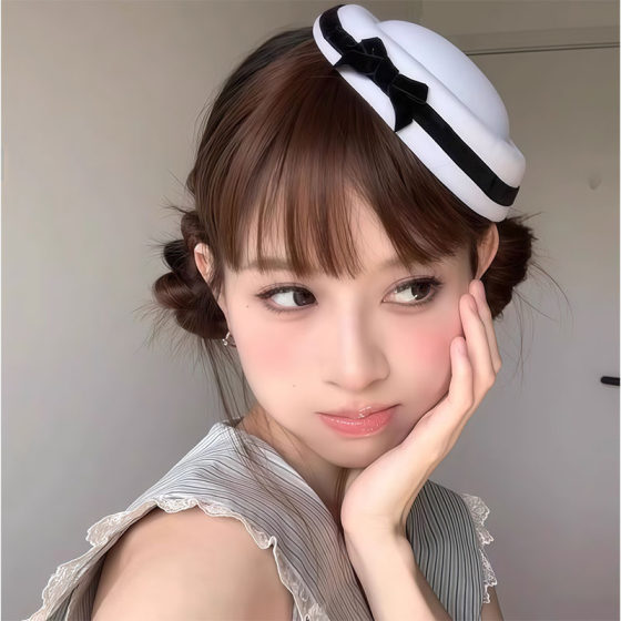 Hepburn English Black and White Velvet Bow Little Hat Headwear Navy Jk Girls' College Dome Sailor Hat