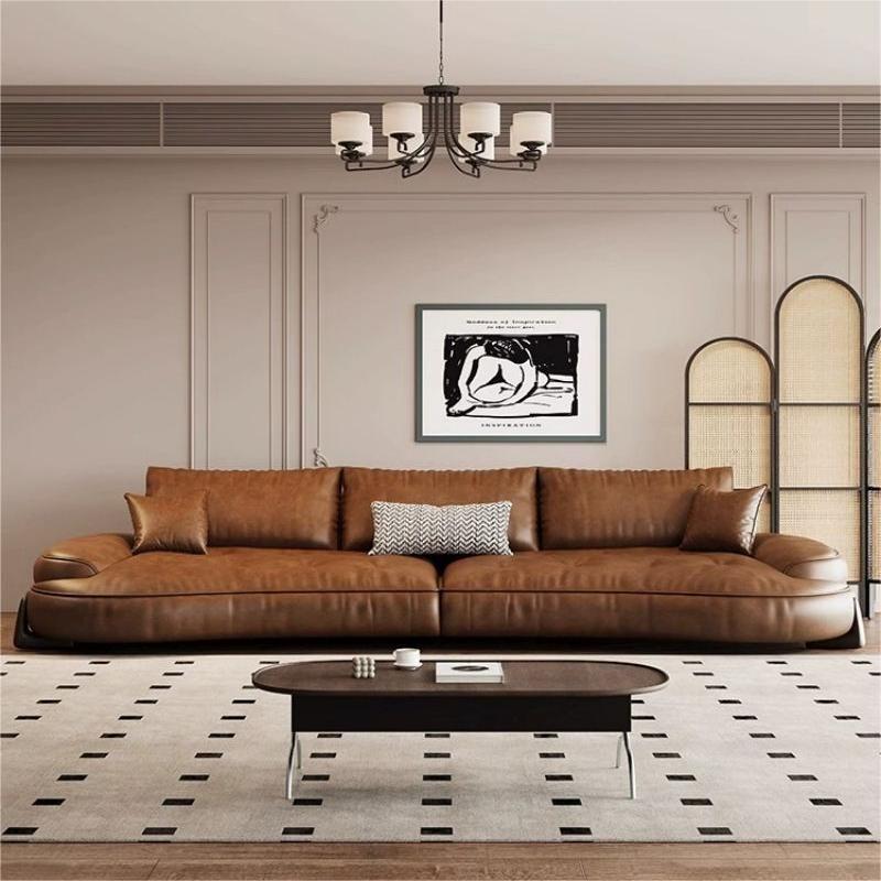 Sofá de cuero minimalista italiano curvado retro primera capa de piel de vaca sala de estar moderna combinación de sofá de diseño minimalista image 4