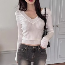 韩国东大门2025秋冬装白色气质百搭时尚V领长袖针织衫女套头上衣