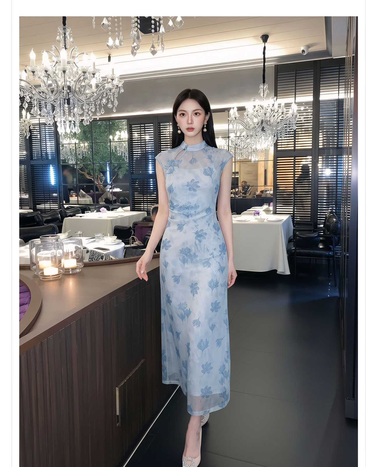 Đầm maxi nữ thắt eo phong cách tân cổ điển, chất liệu nhung tăm, thiết kế cổ yếm kết hợp ren, tay lỡ, dáng suông nhẹ, phù hợp mùa xuân hè — xanh lam chi tiết 10