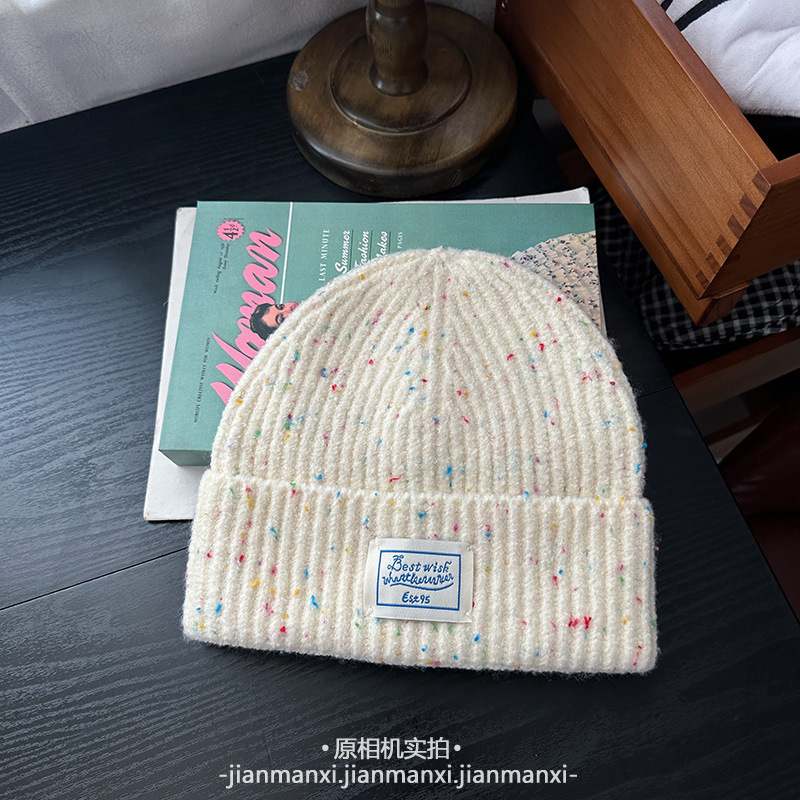 新款韩版ins针织混彩彩色点点毛线帽子女秋冬保暖护耳冷帽套头帽|undefined