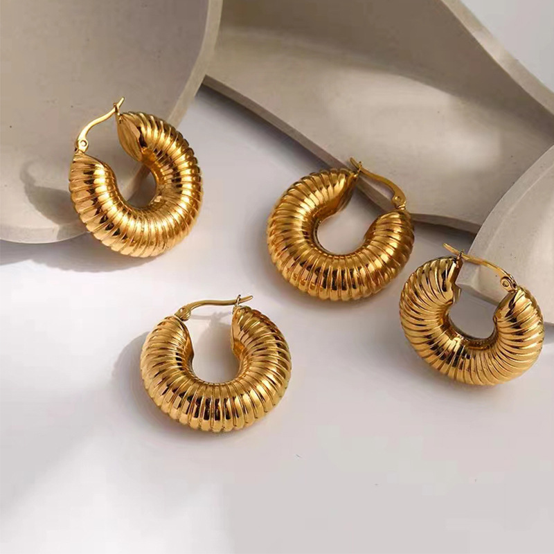 16K Real Gold Plated, Platinum Plated Plating Material No Inlaid Inlay Material Hoop Earrings Classification 1 Pair Streetwear Stripe Plating Stainless Steel Hoop Earrings