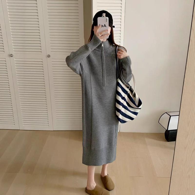跨境专供秋冬新款拉链毛衣裙女中长款宽松欧码加厚针织连衣裙批发|undefined