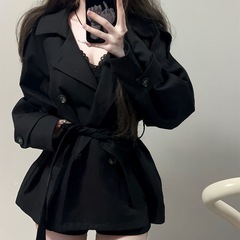 英伦风短款风衣黑色双排扣女小个子秋冬新款高级感收腰小香风外套