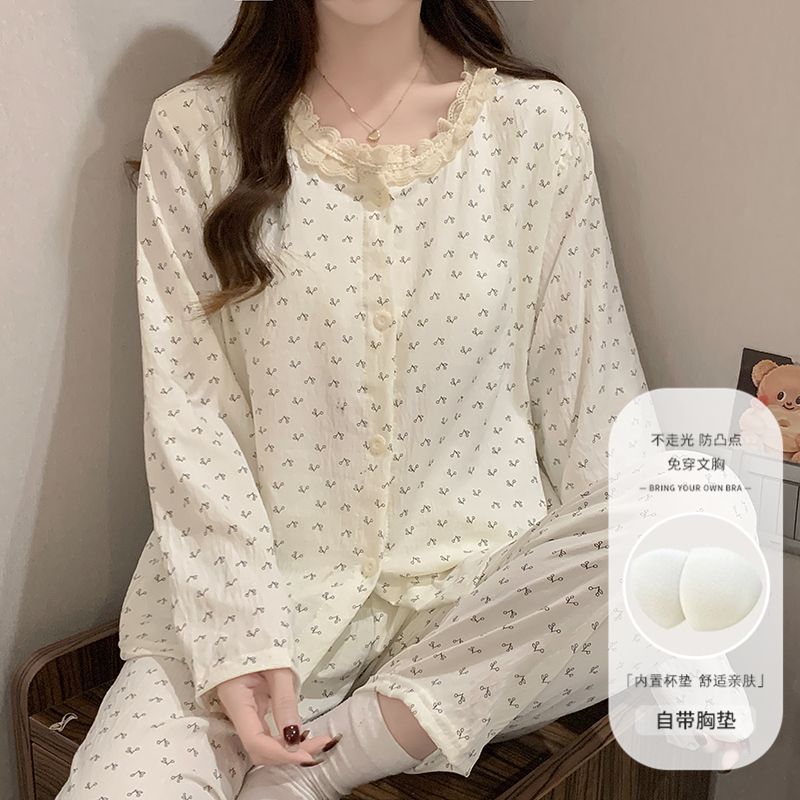 Pijamas al por mayor transfronterizos de mujeres con cojín de pecho primavera y otoño cardigans de mangas largas pantalones dulces nubes de algodón perfumado ropa para el hogar