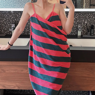 Summer Pure Cotton Wearable Suspender Bath Towel for Women Sexy Backless Stripesd Bath Skirt Cotton Towel Material Absorbent Bathrobe