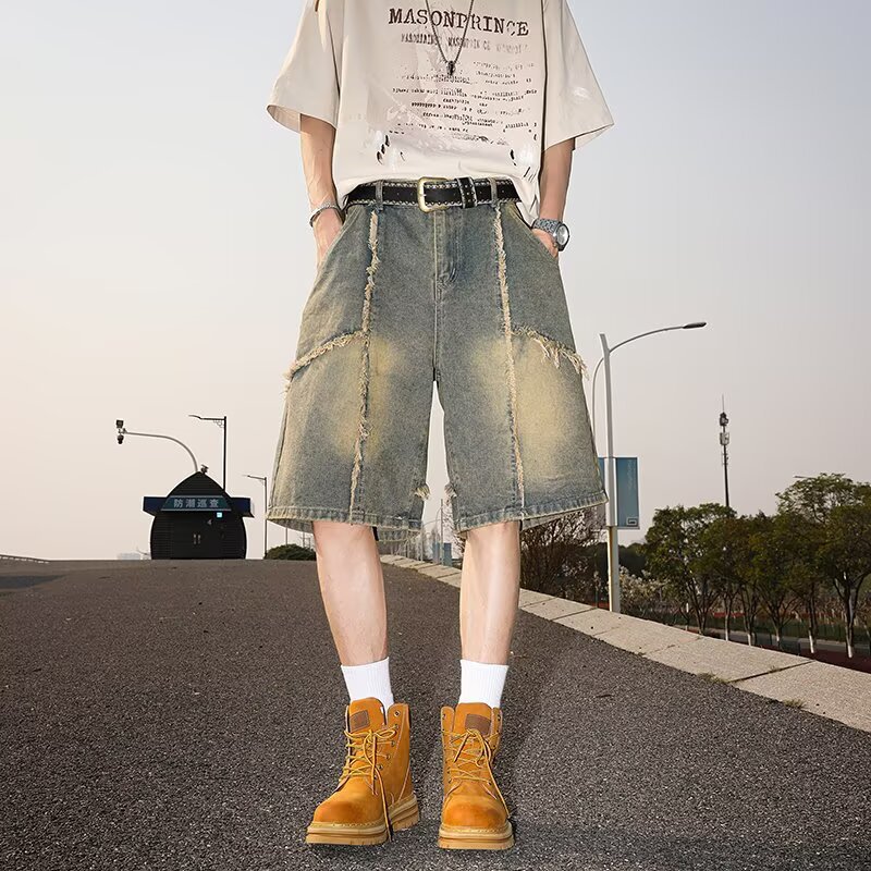 American Retro Raw Edge Tassel Splicing Distressed Denim Shorts Men's Summer Trendy High Street Washed Loose Five-Point Pants American Retro Raw Edge Tassel Splicing Distressed Denim Shorts Men's Summer Trendy High Street Washed Loose Five-Point Pants
