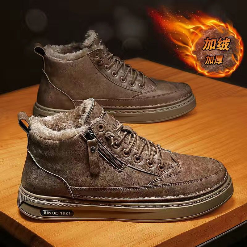 2024 Winter High-Top Men's Shoes Business Casual Zipper Leather Boots Trendyy Velvet Warm Short Boots Men's Sneakers