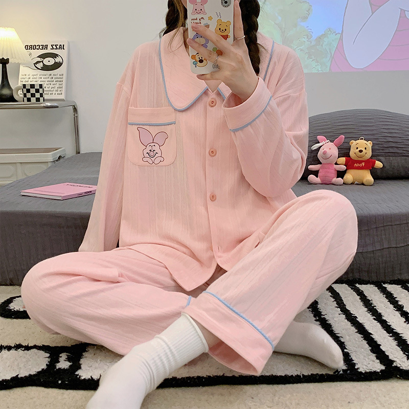 Sweet Girl Pink pijamas mujeres peinado Jacquard de algodón Otoño e Invierno manga larga solapa cardigan lindo casual Home wear traje