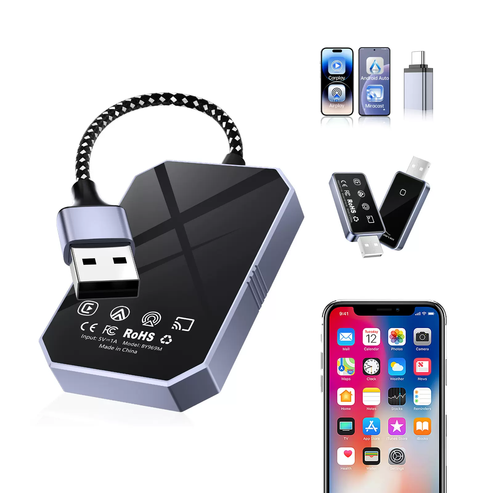 4合一carplay镜像投屏有线转无线carplay安卓车机互联智能盒子