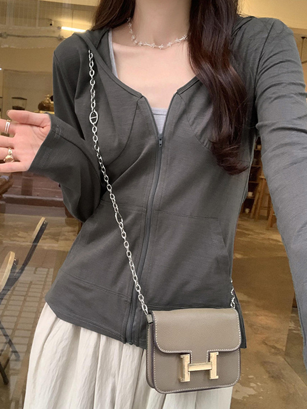 竹节棉连帽长袖防晒开衫女早秋季新款拉链设计修身显瘦外套上衣潮|undefined
