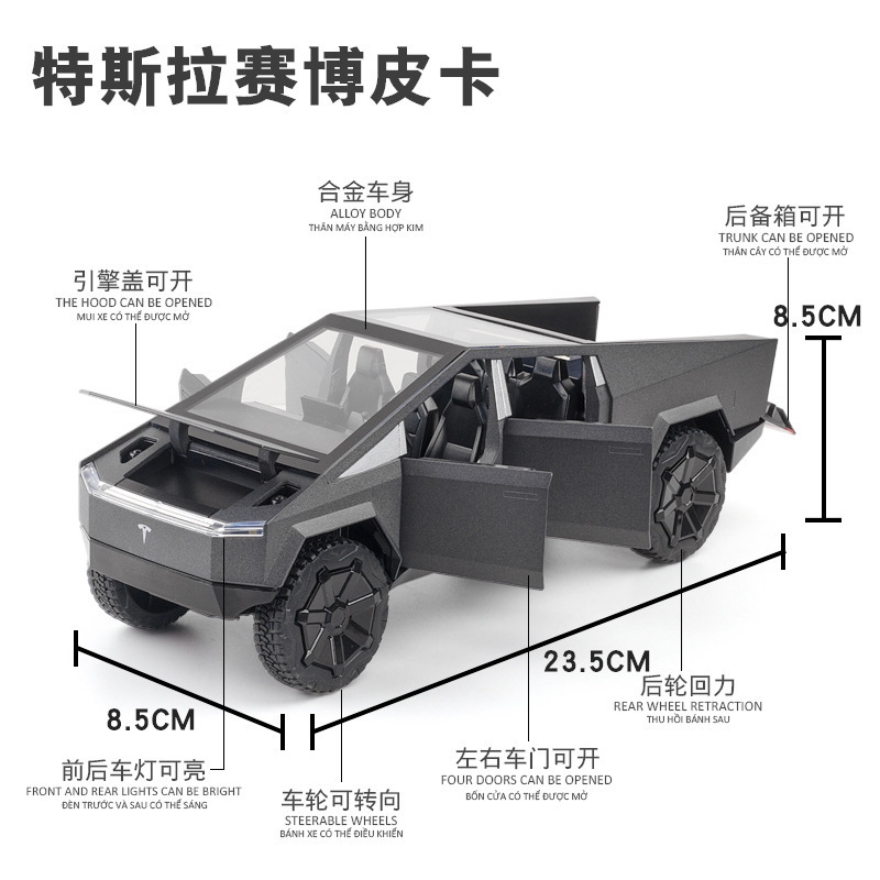 Nuevo modelo de coche de aleación haodi 1:24 nueva energía Tesla pickup camión tire detrás con sonido y luz niño juguete coche Decoración