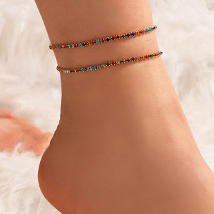 Cross-Border fashion foot decoration color diamond double-layer anklet simple geometric multi-layer anklet